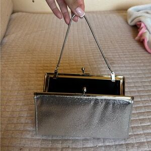 Unique Vintage Silver Metallic Frame-Top Clutch with Top Handle